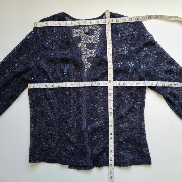 Lace Sequin Open Front Top 14 Dark Blue Floral Cardigan Topper Witchcore Evening - Picture 4 of 10